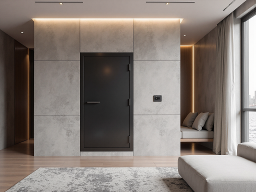 智能防盗门，黑色哑光表面，指纹锁，现代家居环境